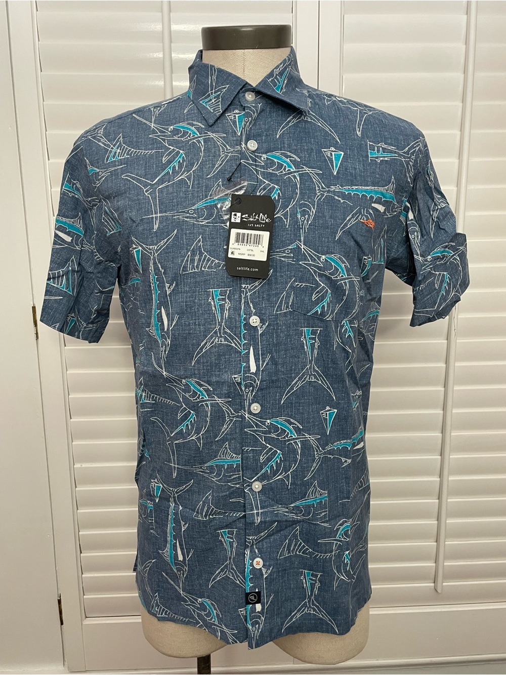 Salt Life Men's Navy Blue Marlin-Print Short Sleeve Button-Up
